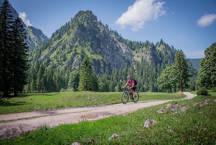 Mountainbiker vor Bergkulisse